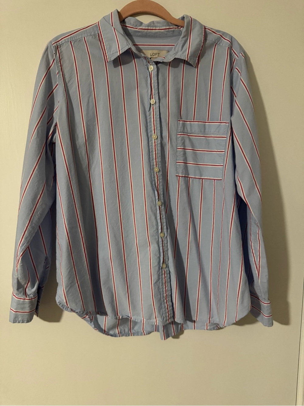 LOFT Blue Red Striped Cotton Blend Everyday Pocket Shirt L EUC
